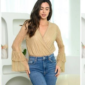 NEW Golden sheer bodysuit womens S;M ruffle sleeves one piece v neck